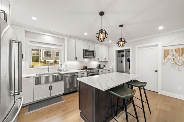 Interior, Kitchen, Pendant Lights, Recessed Lighting, Stainless Steel Appliances, Wood Texture Flooring