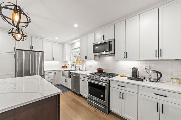 Interior, Kitchen, Pendant Lights, Recessed Lighting, Stainless Steel Appliances, Wood Texture Flooring