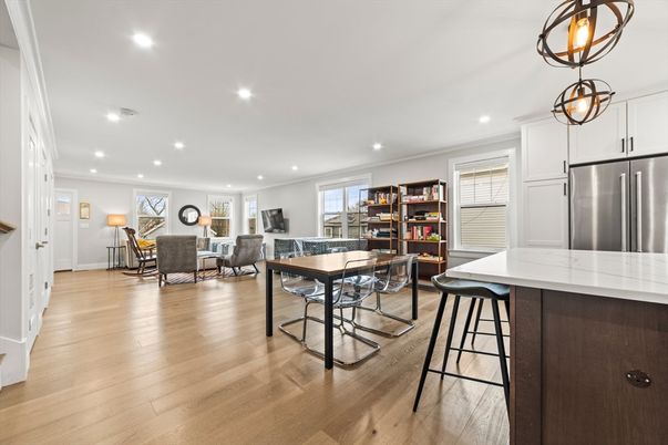 Dining room, Interior, Kitchen, Living room, Recessed Lighting, Stainless Steel Appliances, Wood Texture Flooring