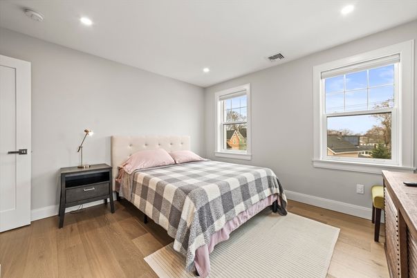Bedroom, Interior, Recessed Lighting, Wood Texture Flooring