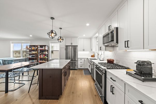 Interior, Kitchen, Pendant Lights, Recessed Lighting, Stainless Steel Appliances, Wood Texture Flooring