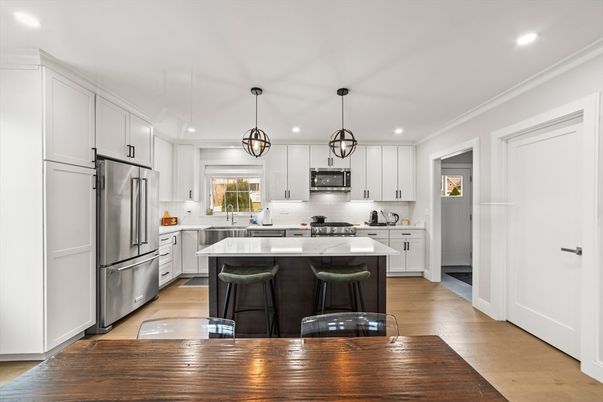 Interior, Kitchen, Pendant Lights, Recessed Lighting, Stainless Steel Appliances, Wood Texture Flooring