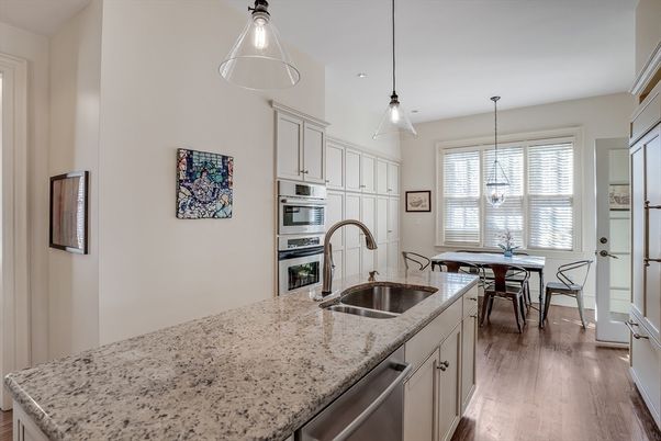 Dining room, Interior, Kitchen, Pendant Lights, Stainless Steel Appliances, Wood Texture Flooring