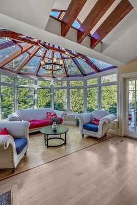 Glass Ceilings, Interior, Living room, Sun Room, Wooden Beams, Wood Texture Flooring