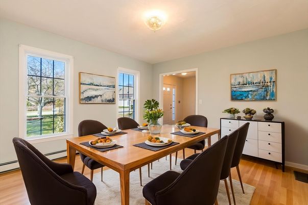 Dining room, Interior, Recessed Lighting, Wood Texture Flooring