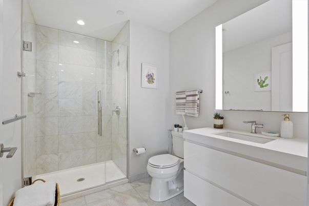 Bathroom, Glass Shower, Interior, Marble Walls, Recessed Lighting