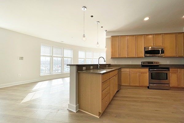 Interior, Kitchen, Pendant Lights, Recessed Lighting, Stainless Steel Appliances, Wood Texture Flooring