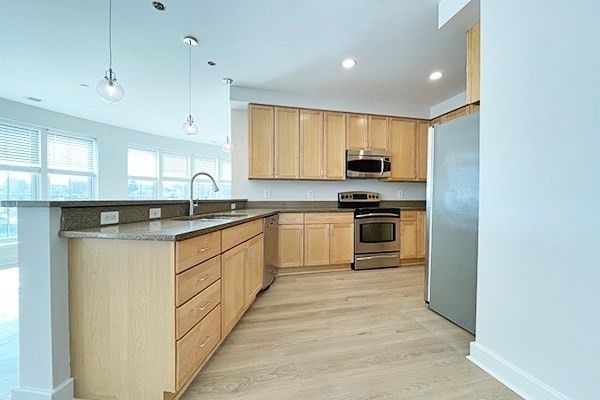 Interior, Kitchen, Pendant Lights, Recessed Lighting, Stainless Steel Appliances, Wood Texture Flooring