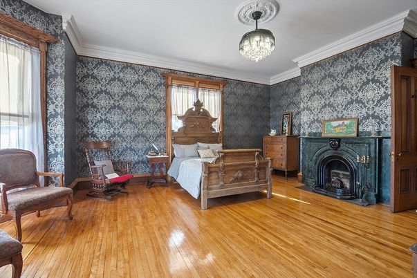 Bedroom, Fireplace, Interior, Wood Texture Flooring