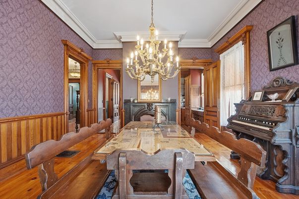 Chandelier, Dining room, Interior, Piano, Wood Texture Flooring