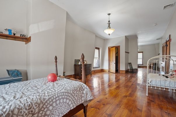 Bedroom, Interior, Pendant Lights, Wood Texture Flooring