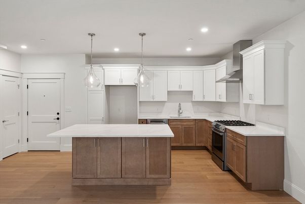 Interior, Kitchen, Pendant Lights, Recessed Lighting, Stainless Steel Appliances, Wood Texture Flooring