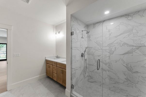 Bathroom, Glass Shower, Interior, Marble, Marble Walls, Recessed Lighting