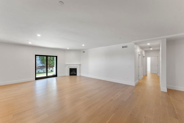 Empty room, Fireplace, Interior, Recessed Lighting, Wood Texture Flooring