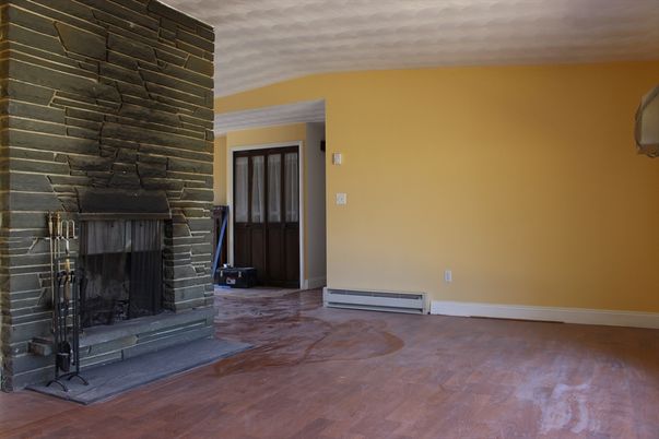 Empty room, Fireplace, Interior, Stone Walls, Wood Texture Flooring