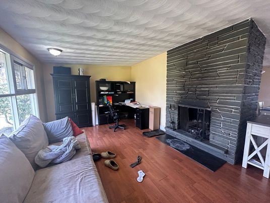 Fireplace, Home Office, Interior, Stone Walls, Wood Texture Flooring