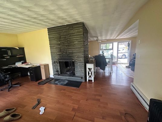 Fireplace, Home Office, Interior, Stone Walls, Wood Texture Flooring