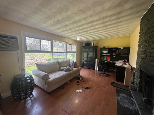 Fireplace, Home Office, Interior, Stone Walls, Wood Texture Flooring