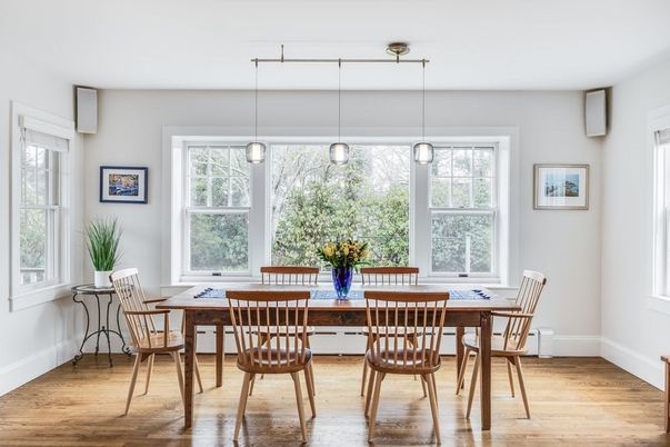 Dining room, Interior, Pendant Lights, Wood Texture Flooring