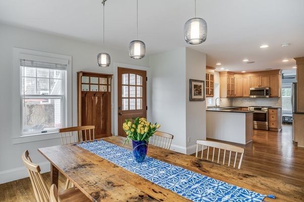 Dining room, Interior, Kitchen, Pendant Lights, Recessed Lighting, Stainless Steel Appliances, Wood Texture Flooring