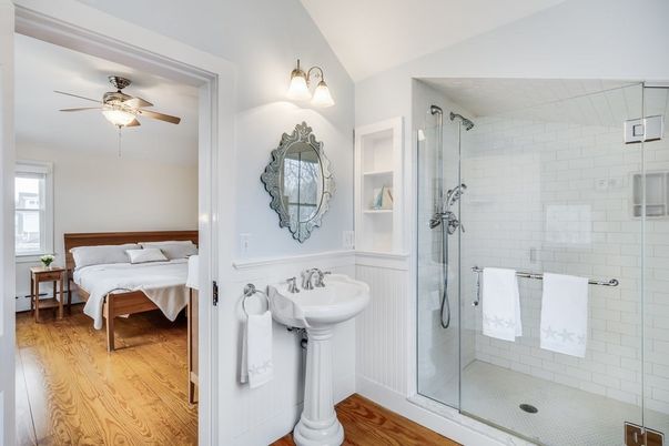 Bathroom, Bedroom, Glass Shower, Interior, Wood Texture Flooring