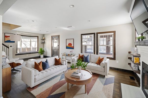 Fireplace, Interior, Living room, Recessed Lighting, Wood Texture Flooring