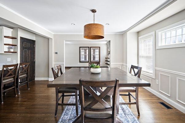 Dining room, Interior, Pendant Lights, Recessed Lighting, Wood Texture Flooring