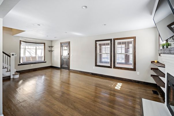 Empty room, Fireplace, Interior, Recessed Lighting, Wood Texture Flooring