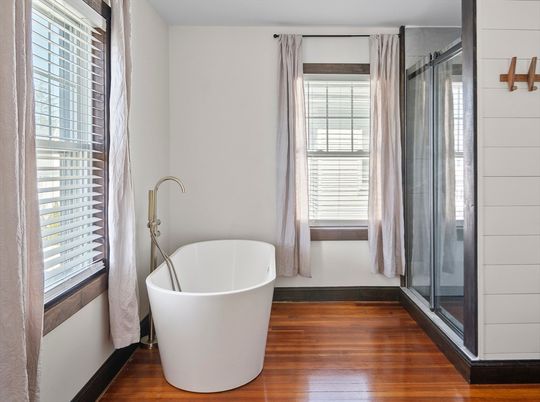 Bathroom, Free Standing Baths, Interior, Wood Texture Flooring