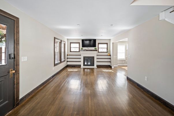 Empty room, Fireplace, Interior, Recessed Lighting, Wood Texture Flooring