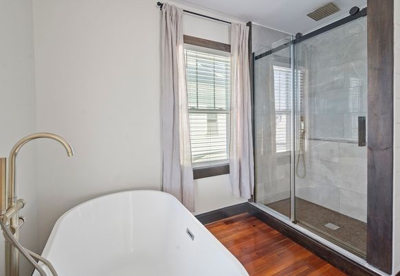 Bathroom, Free Standing Baths, Glass Shower, Interior, Wood Texture Flooring