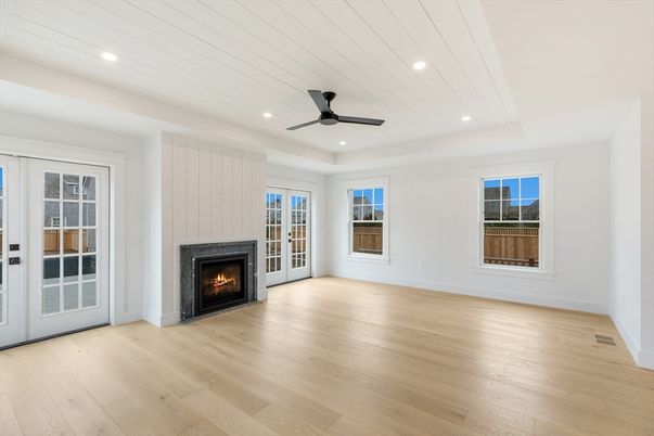 Empty room, Fireplace, Interior, Recessed Lighting, Wood Texture Flooring