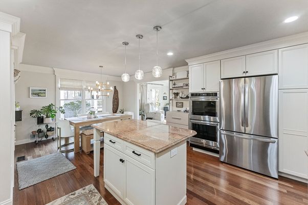 Dining room, Interior, Kitchen, Pendant Lights, Recessed Lighting, Stainless Steel Appliances, Wood Texture Flooring