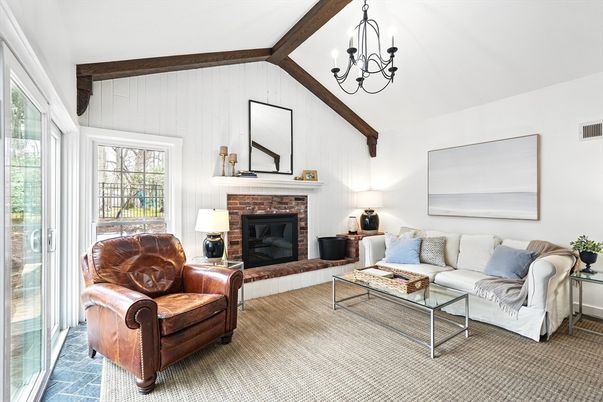 Chandelier, Fireplace, Interior, Living room, Wooden Beams