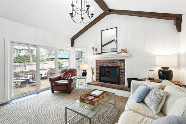 Chandelier, Fireplace, Interior, Living room, Wooden Beams