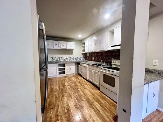 Interior, Kitchen, Recessed Lighting, Stainless Steel Appliances, Wood Texture Flooring