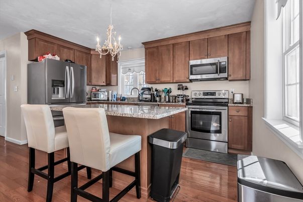 Chandelier, Interior, Kitchen, Stainless Steel Appliances, Wood Texture Flooring
