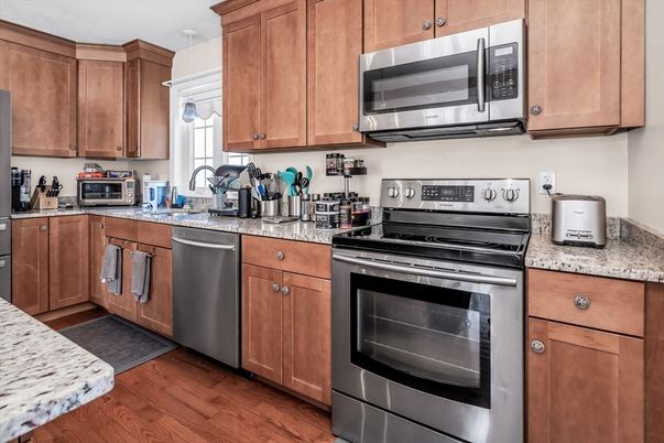 Interior, Kitchen, Pendant Lights, Stainless Steel Appliances, Wood Texture Flooring
