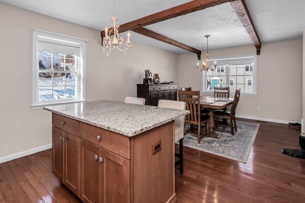 Chandelier, Dining room, Interior, Wooden Beams, Wood Texture Flooring