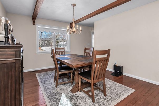 Chandelier, Dining room, Interior, Wooden Beams, Wood Texture Flooring