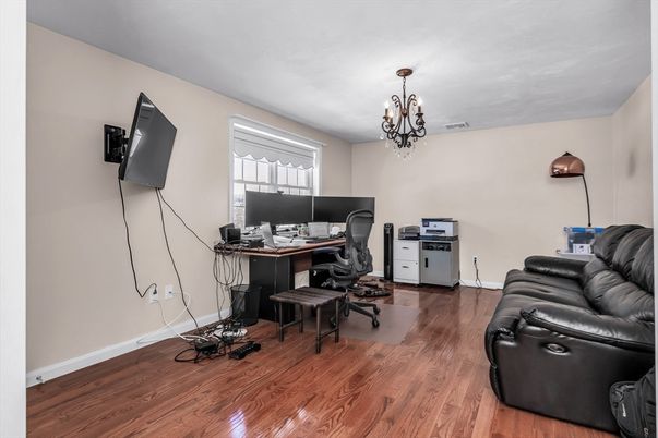 Chandelier, Home Office, Interior, Wood Texture Flooring