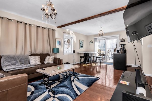 Chandelier, Home Office, Interior, Living room, Wooden Beams, Wood Texture Flooring