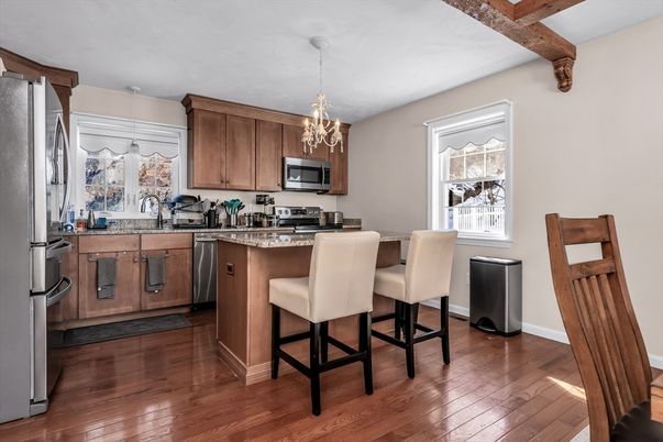 Chandelier, Interior, Kitchen, Pendant Lights, Stainless Steel Appliances, Wooden Beams, Wood Texture Flooring