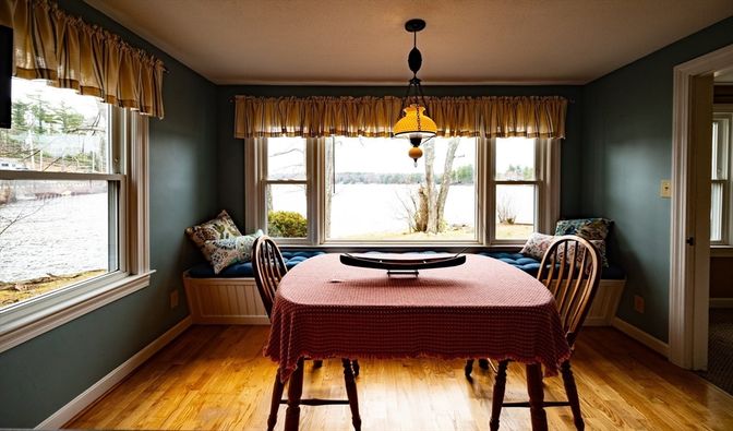 Dining room, Interior, Pendant Lights, Wood Texture Flooring