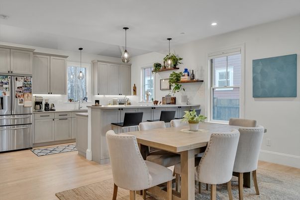 Dining room, Interior, Kitchen, Pendant Lights, Recessed Lighting, Stainless Steel Appliances, Wood Texture Flooring
