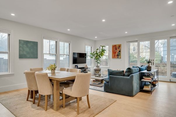 Dining room, Interior, Living room, Recessed Lighting, Wood Texture Flooring
