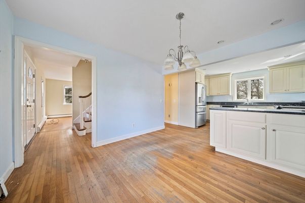 Chandelier, Interior, Kitchen, Pendant Lights, Stainless Steel Appliances, Wood Texture Flooring