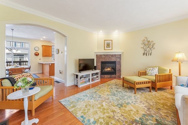 Fireplace, Interior, Kitchen, Living room, Pendant Lights, Recessed Lighting, Wood Texture Flooring