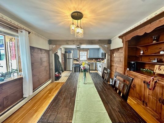 Dining room, Interior, Kitchen, Pendant Lights, Wood Texture Flooring