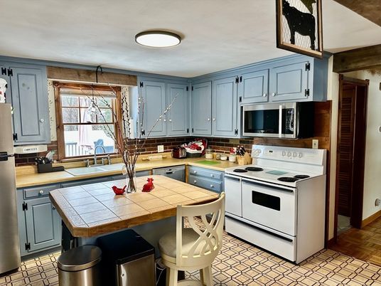Interior, Kitchen, Tile Countertops, Wood Texture Flooring